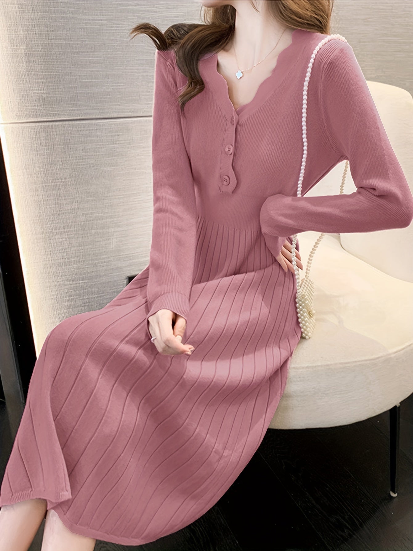 Antmvs Button Front V Neck Dress, Chic Solid Color Long Sleeve Pleat Dress, Women's Clothing