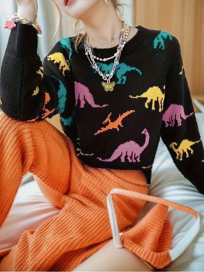 Antmvs Dinosaurs Print Crew Neck Pullover Sweater, Y2K Long Sleeve Color Block Knitted Sweater For Spring & Summer, Women's Clothing