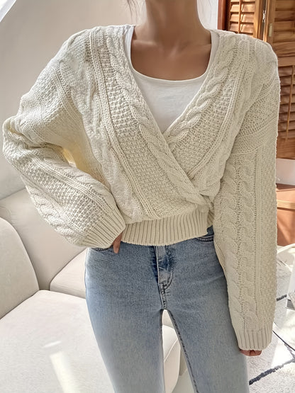 Antmvs Solid Cable Surplice Neck Cardigan, Vintage Long Sleeve Drop Shoulder Outwear, Women's Clothing