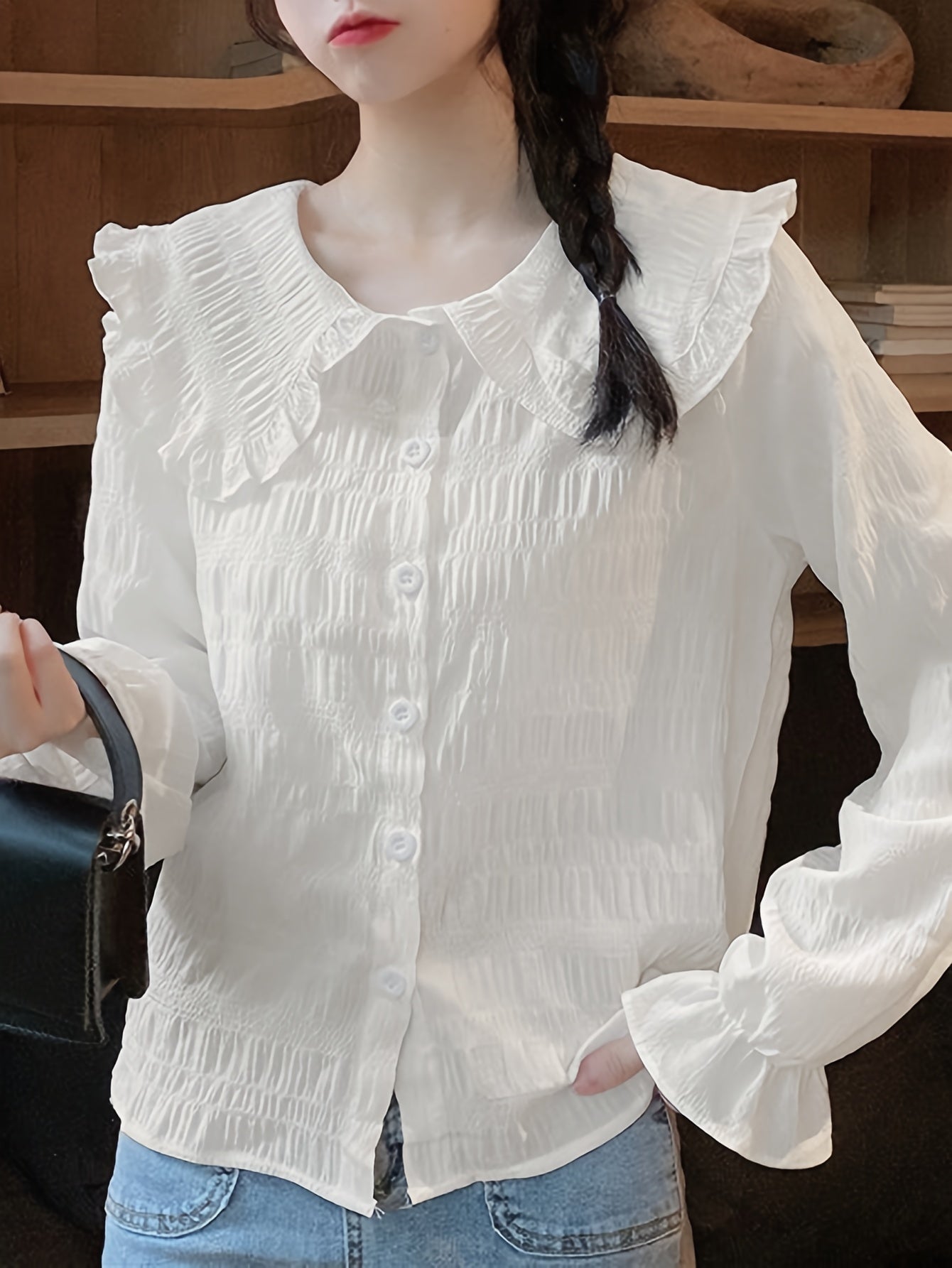 Antmvs Solid Textured Peter Pan Collar Blouse, Sweet Long Sleeve Button Front Blouse For Spring & Fall, Women's Clothing