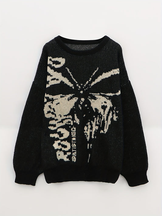 Antmvs Butterfly Pattern Knit Sweater, Y2K Crew Neck Long Sleeve Sweater, Women's Clothing