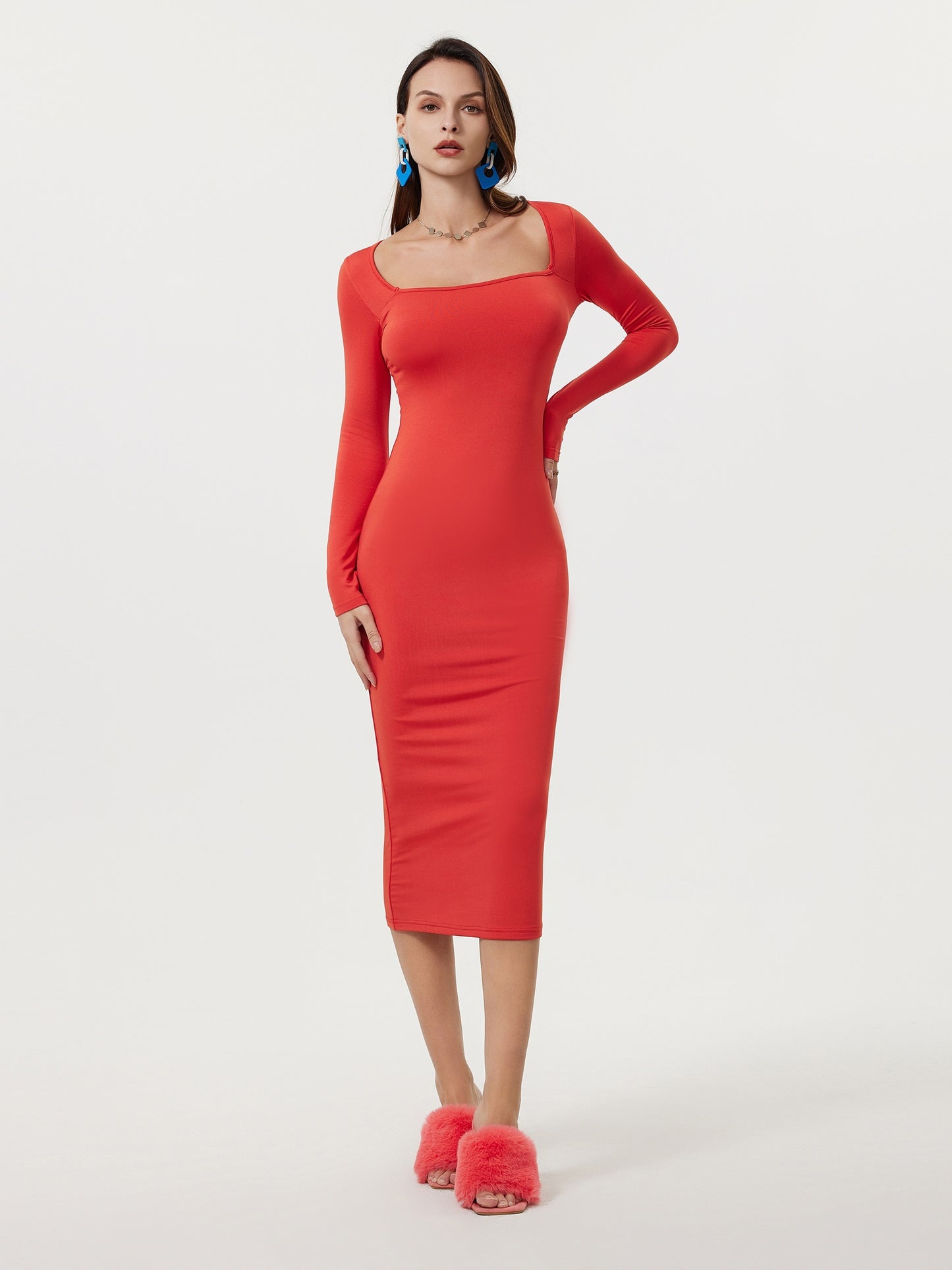 Antmvs Squared Neck Bodycon Dress, Casual Solid Long Sleeve Midi Dress, Women's Clothing