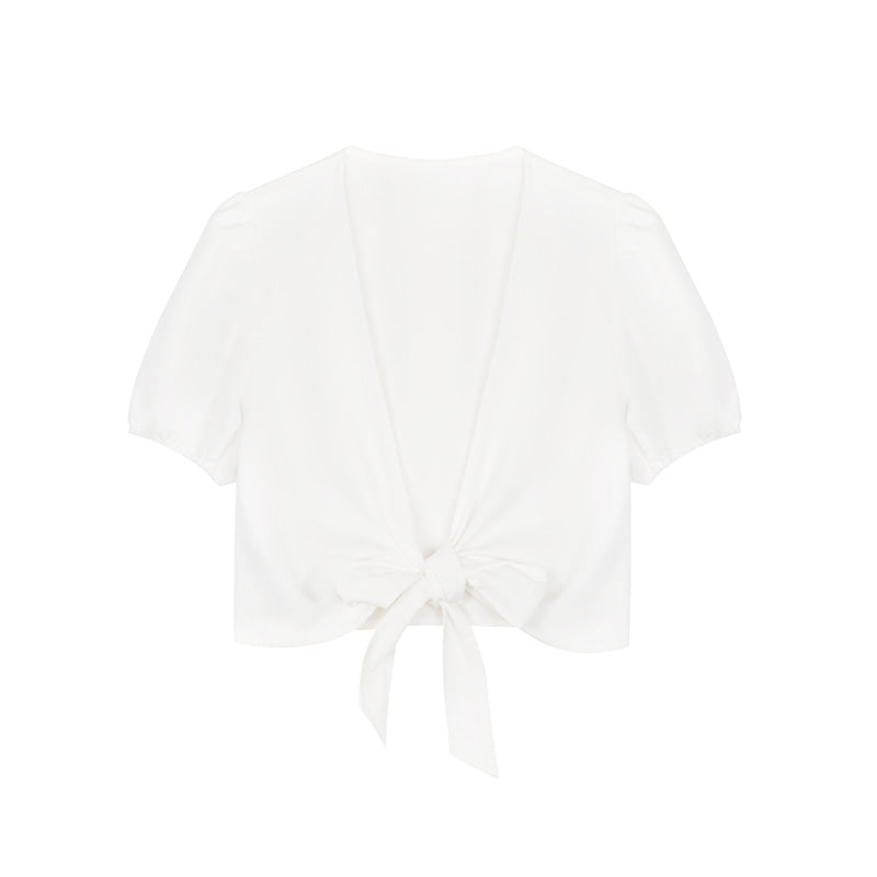 Antmvs Zella Solid Color White Lace-up V-Neck Front Tie Cropped Top