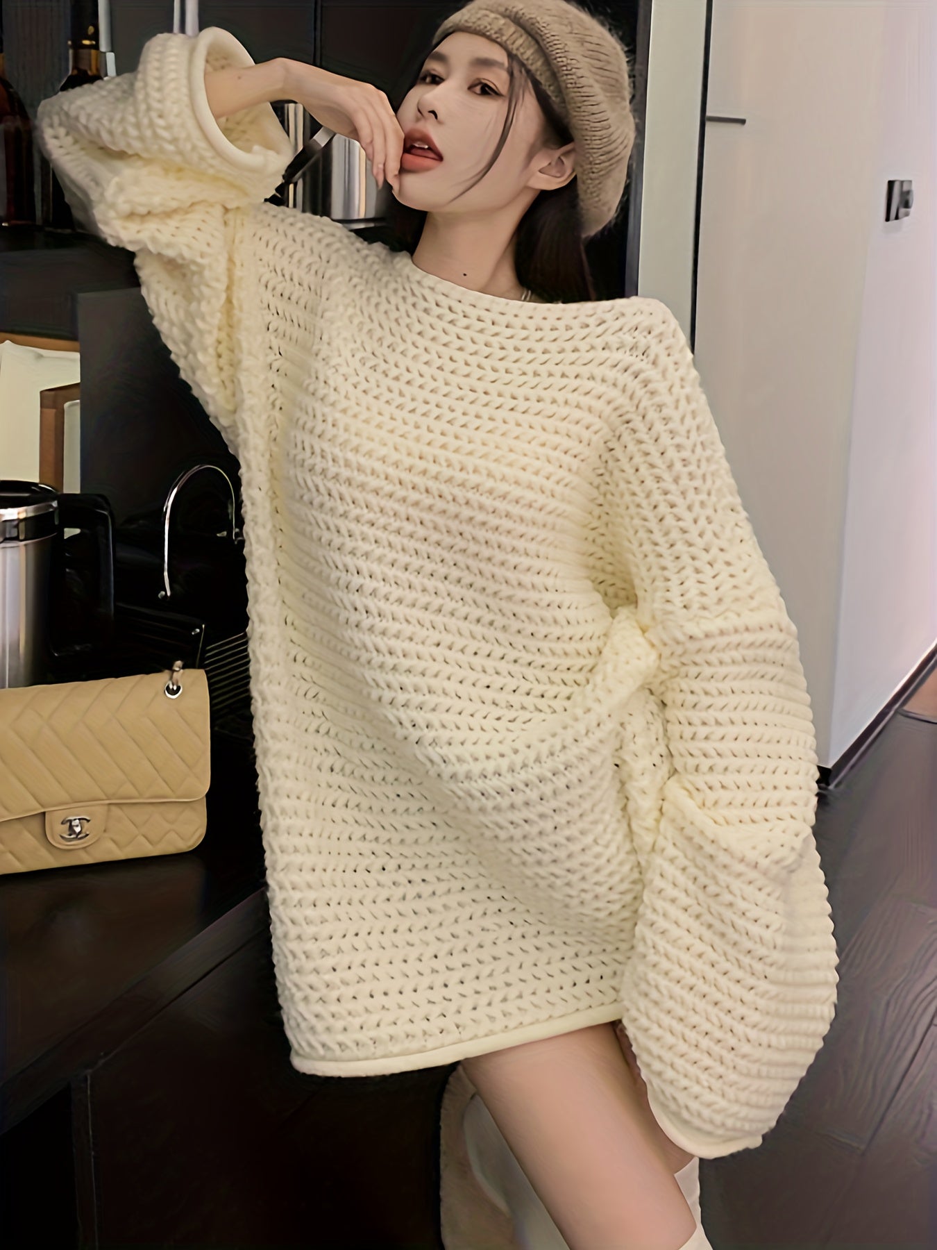 Antmvs Solid Loose Knitted Pullover Sweater, Casual Long Sleeve Sweater For Fall & Winter, Women's Clothing