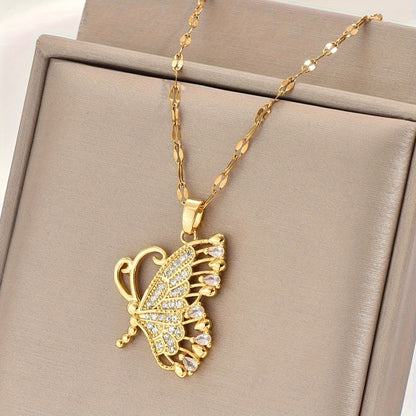 A gold stainless steel chain with gold-plated cubic zirconia butterfly design, personalized fashion trend, minimalist women's daily party, Christmas, Halloween versatile necklace pendant