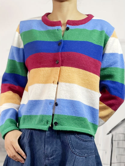 Antmvs Rainbow Striped Button Up Knit Cardigan, Boho Crew Neck Long Sleeve Sweater, Women's Clothing