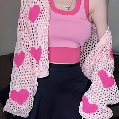 Antmvs Heart Pattern Open Front Crochet Caardigan, Vintage Long Sleeve Sweater For Spring & Summer, Women's Clothing