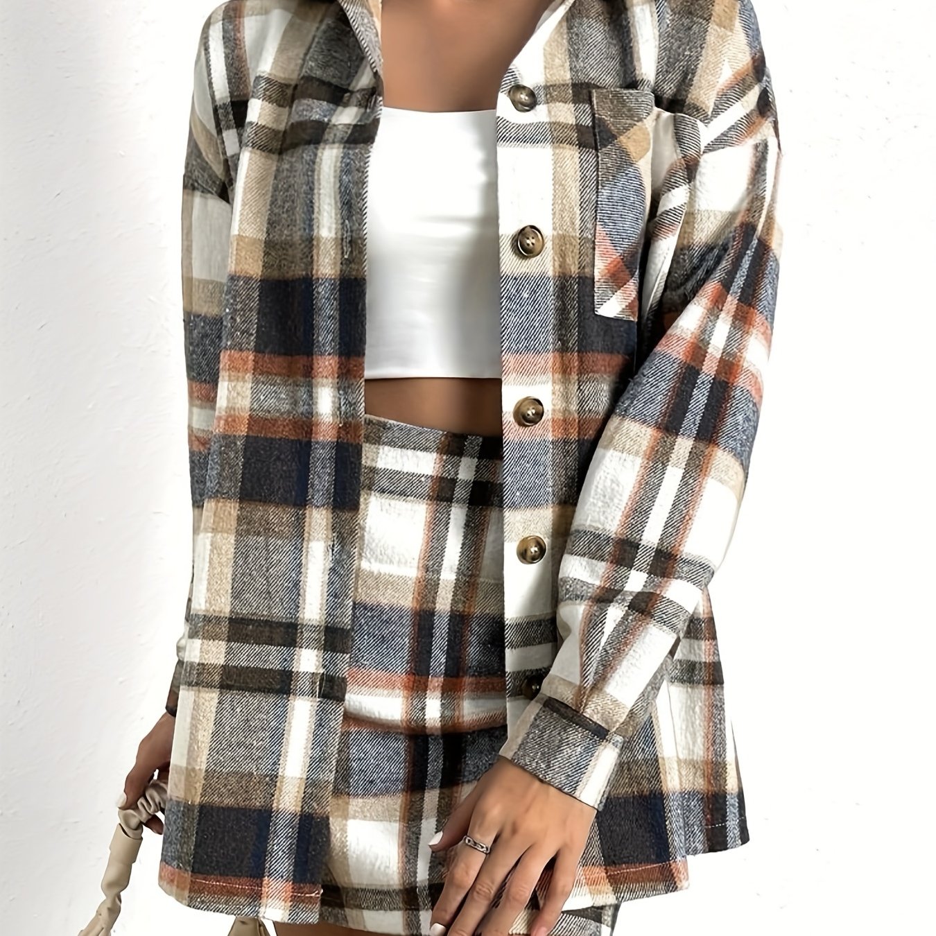 Antmvs Plaid Print Casual Two-piece Set, Button Front Long Sleeve Shirt & Bag Hip Skirts Outfits, Women's Clothing