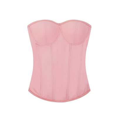 Antmvs Zerocircle Solid Color Black Pink Sleeveless Bandeau Fishbone Corset Slim Top