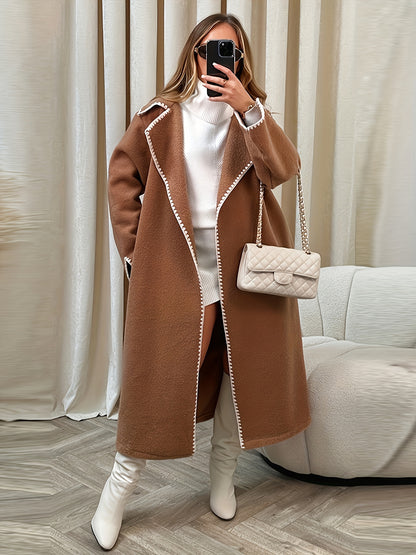 Antmvs Contrast Trim Open Front Coat, Elegant Lapel Long Sleeve Fall & Winter Outerwear, Women's Clothing