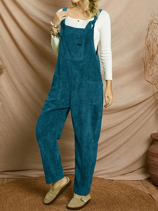 Antmvs Solid Corduroy Overall Jumpsuit, Casual Patched Pockets Overall Jumpsuit For Spring & Fall, Women's Clothing