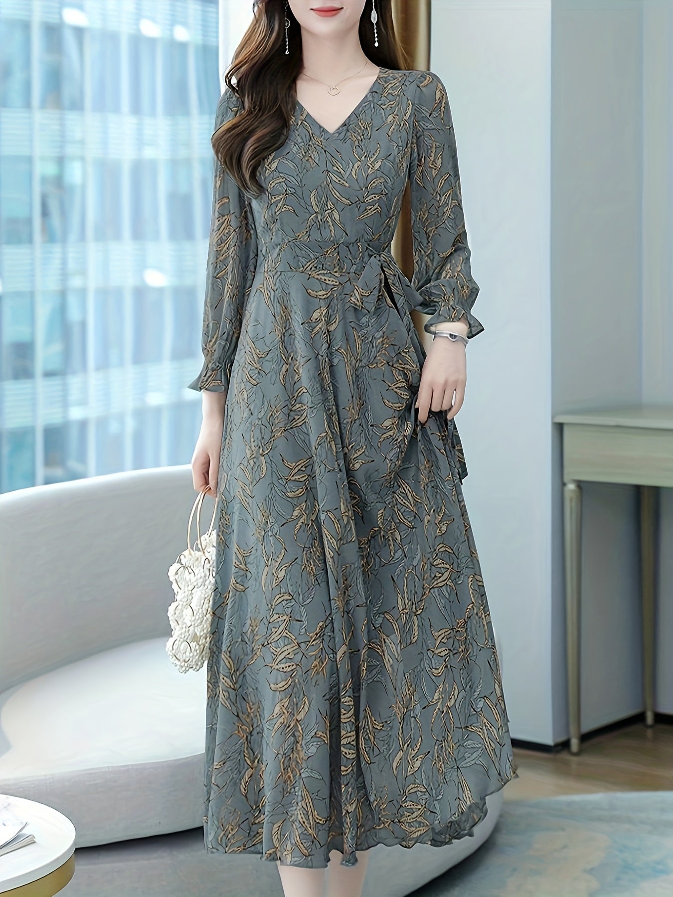 Antmvs Floral Pattern Midi Dress, Vintage V Neck Long Sleeve Dress, Women's Clothing