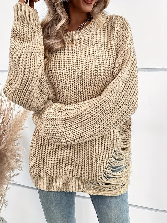 Antmvs Plus Size Casual Sweater, Women's Plus Solid Ripped Long Sleeve Round Neck Jumper