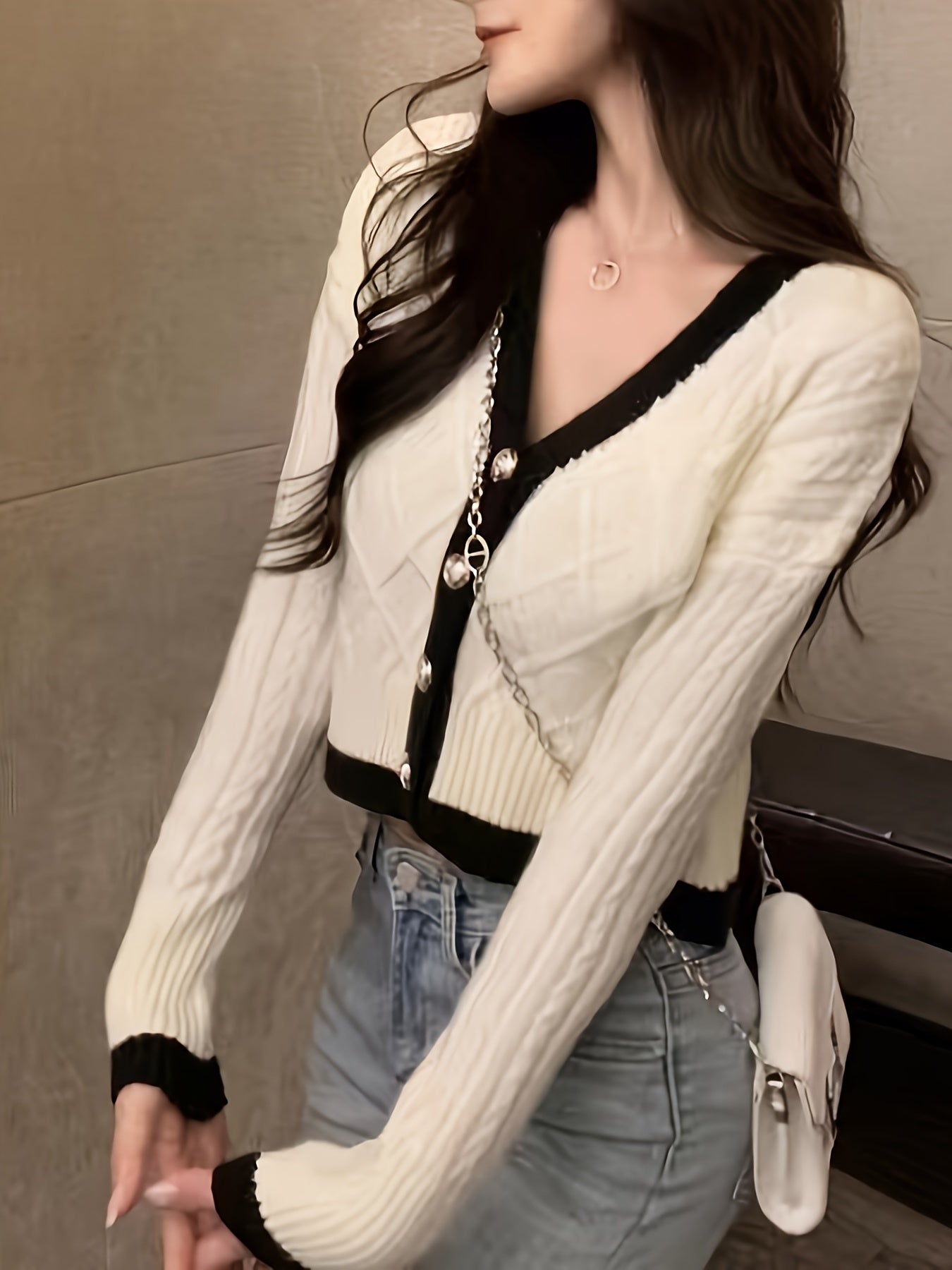 Antmvs Elegant Contrast Trim Button Cardigan, Long Sleeve Cardigan For Spring & Fall, Women's Clothing