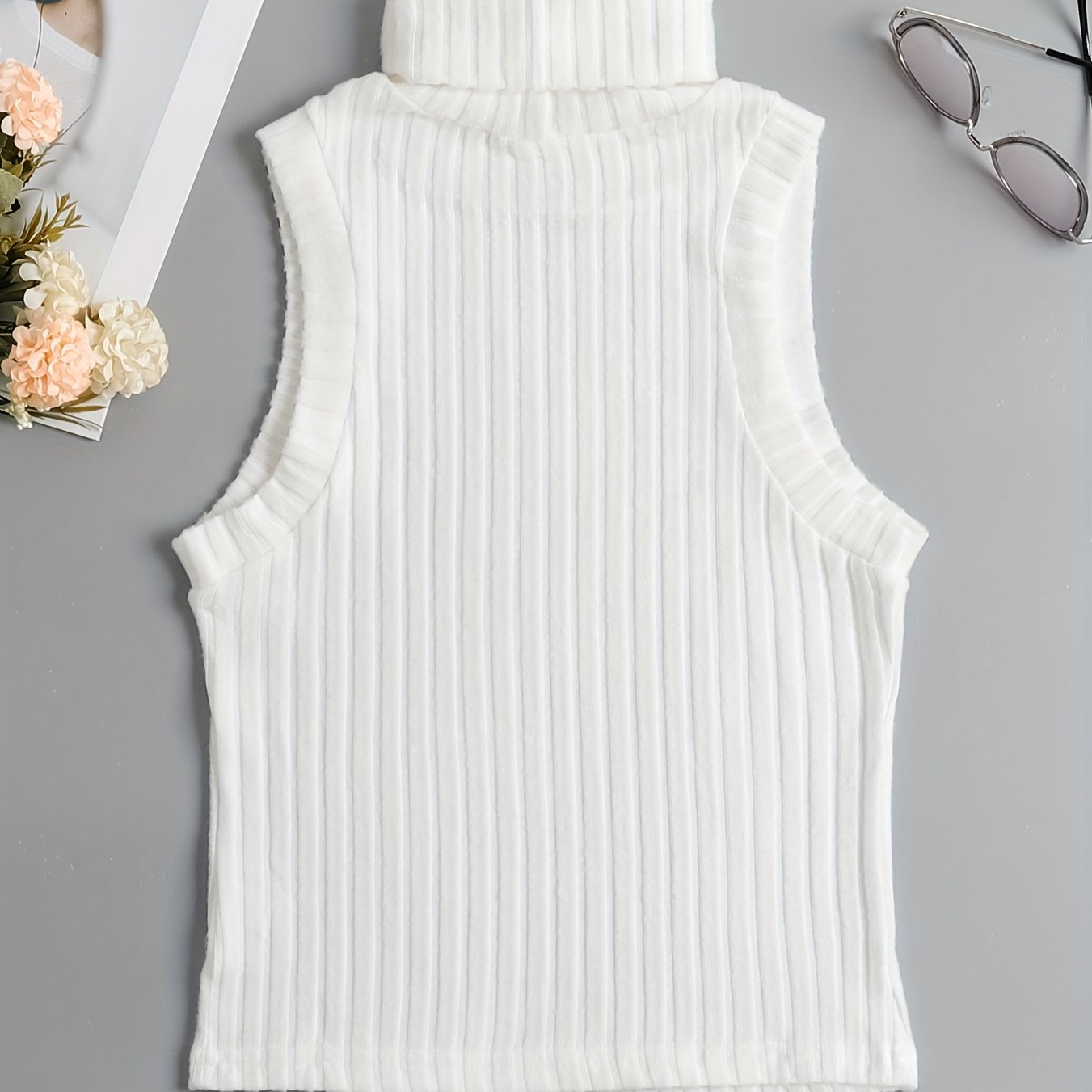 Antmvs Rib Knit High Neck Sweater Knitted Top, Sleeveless Casual Tank Top, Women's Clothing