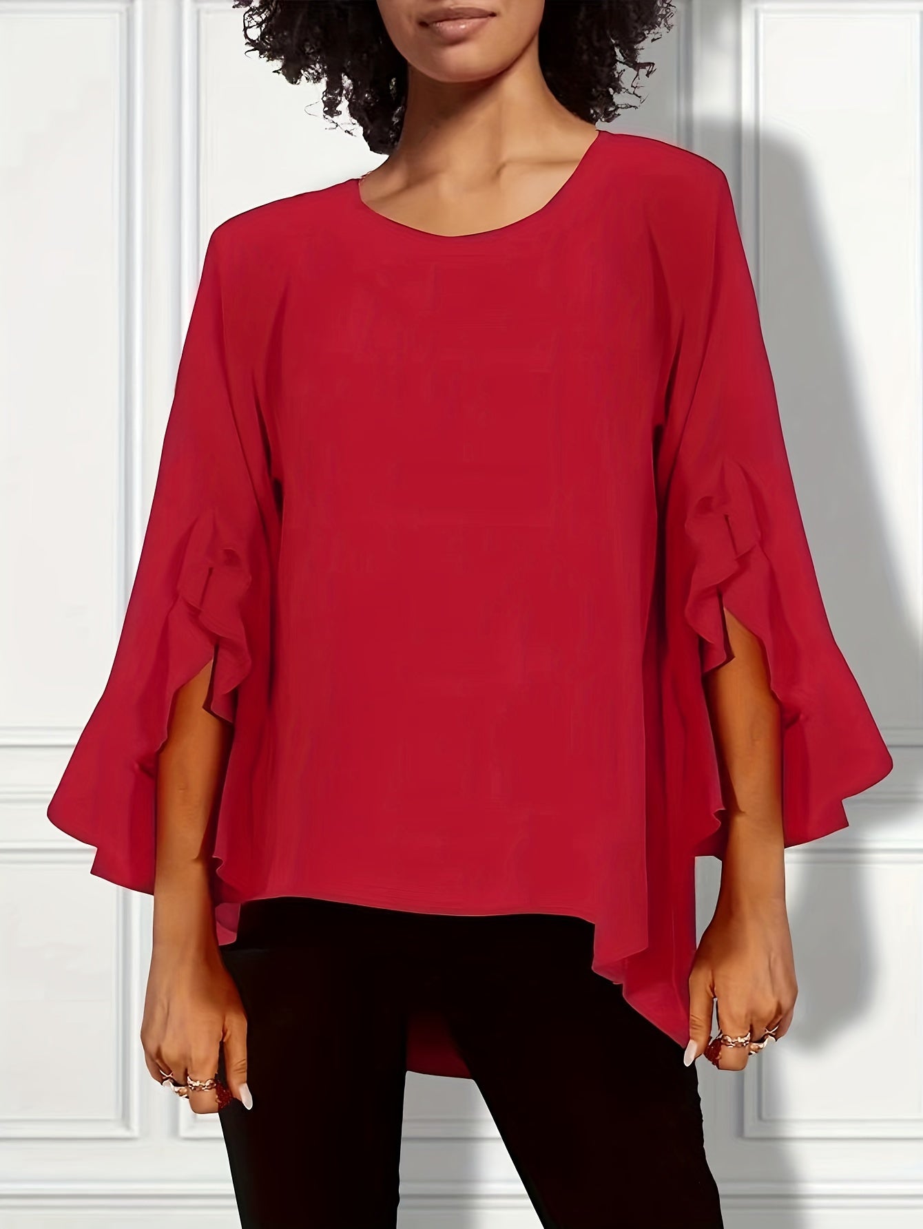 Plus Size Elegant Crew Neck Blouse - 3/4 Sleeve, Ruffle Trim, Slight Stretch, Solid Color, Woven Fabric - Perfect for Spring, Summer, and Fall Seasons