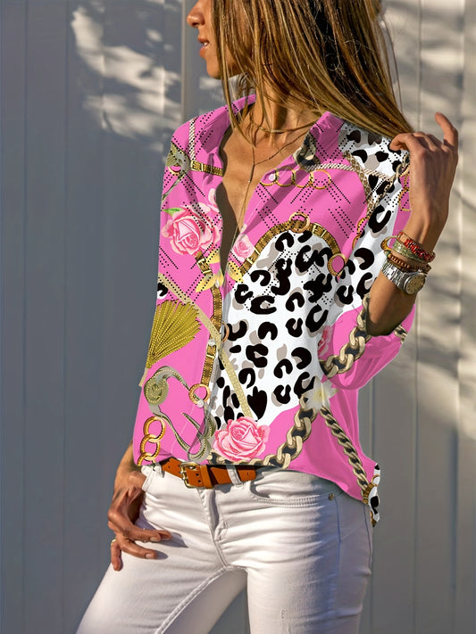 Antmvs  Mandala Floral Print Shirt, Boho Button Front Shirt With A Collar, Women's Clothing