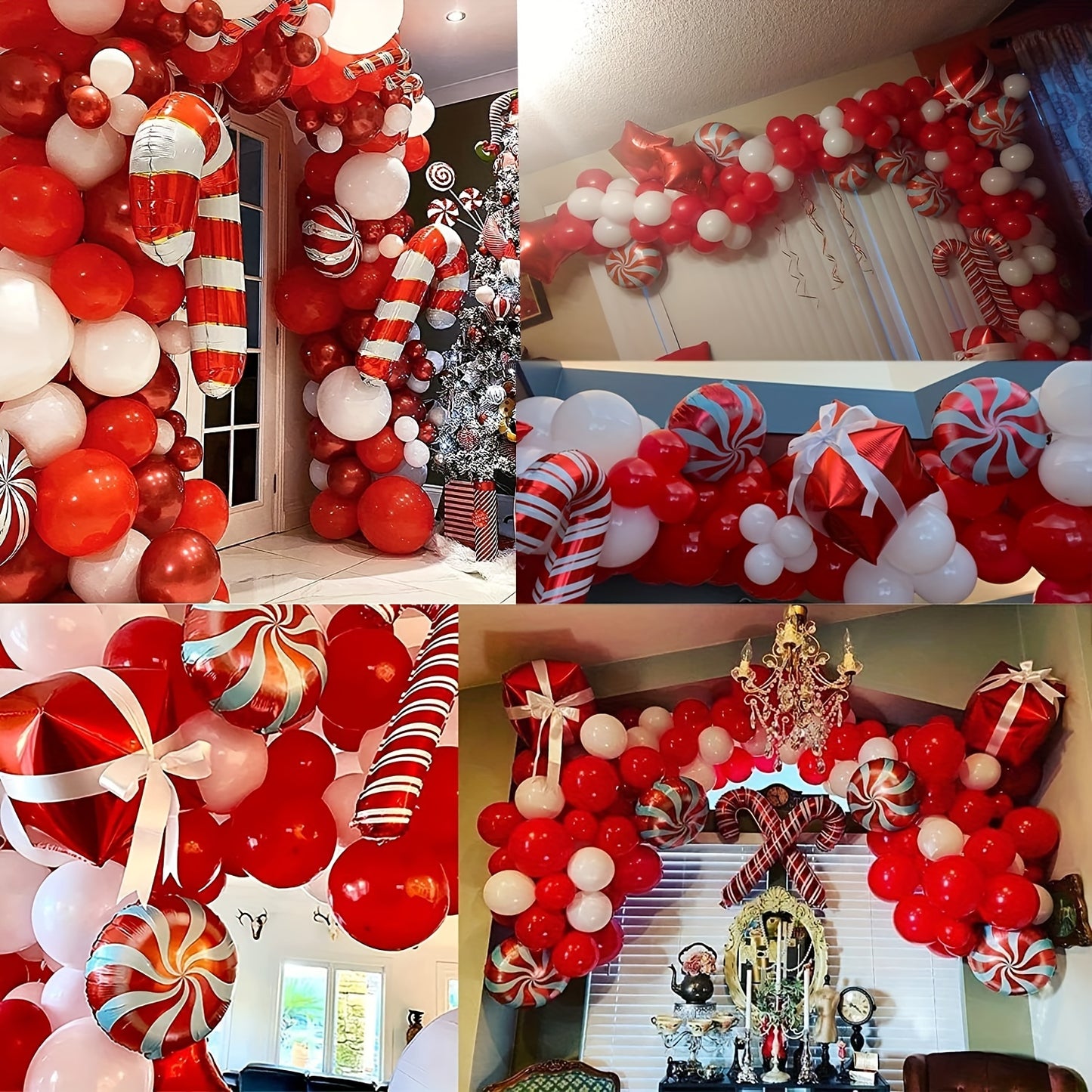 147pcs Ultimate Christmas Balloon Garland Arch Kit with Red & White Balloons, Candy Cane, Gift Box, Red Star Foil Balloons for Indoor & Outdoor Party Decorations