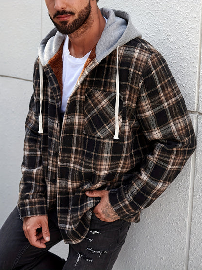 Plus Size Casual Button-Down Shirts - Stylish Hooded Plaid Pattern Shirt Jacket with Drawstring and Adjustable Hem - Fall/Winter Fashion Essential for Men