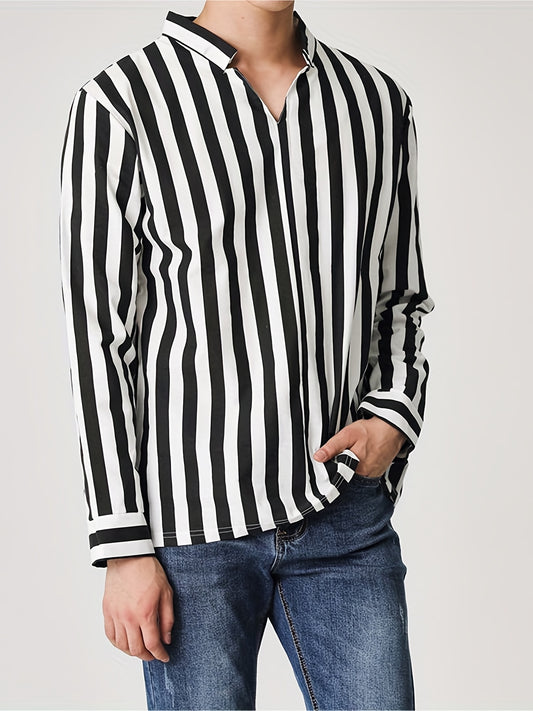 Antmvs Men's Casual Stripe V Neck Long Sleeve Shirt With No Button, Male Clothes For Spring And Summer