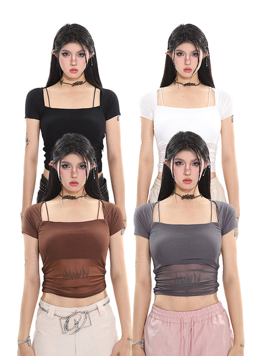 Antmvs Jada Solid Color Faux Two-Piece Mesh Sheer See-Through Short Sleeve Square Neck Pleated Cropped Top