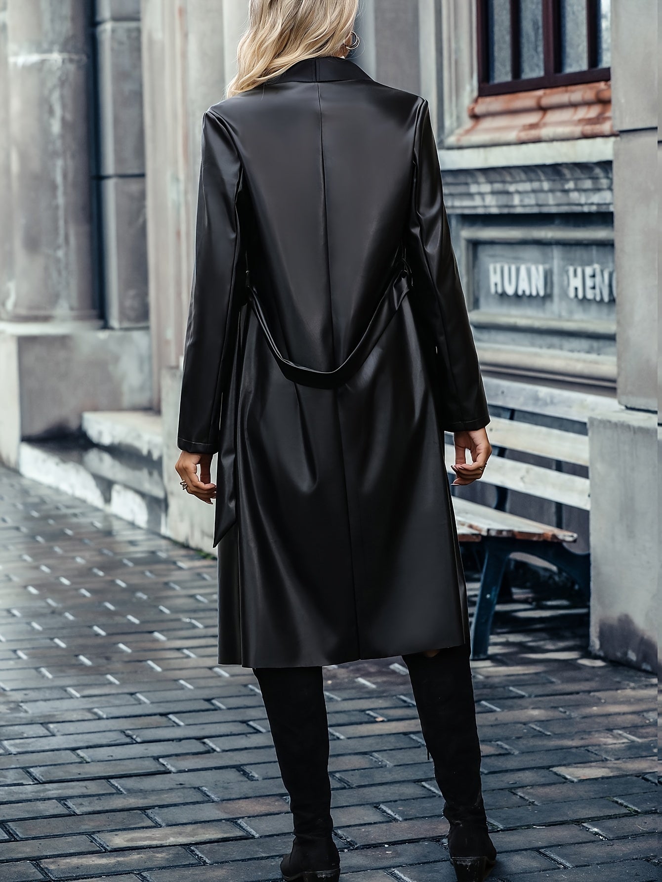 Antmvs Waterfall Collar Solid Trench Coat, Elegant Long Sleeve Mid Length Outerwear, Women's Clothing