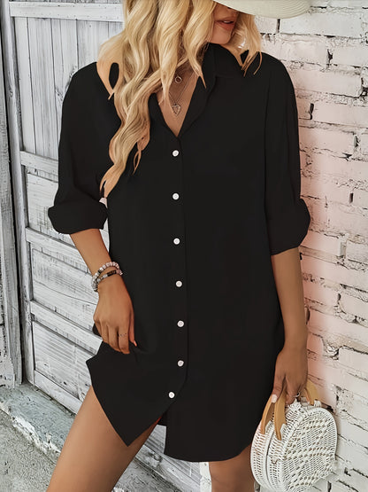 Antmvs Button Front Shirt Dress, Casual Solid Long Sleeve Dress, Women's Clothing