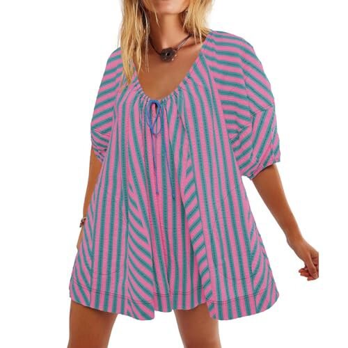 Antmvs -  Womens Striped Romper Casual Loose Puff Sleeve Wide Leg Jumpsuit Overall with Pockets