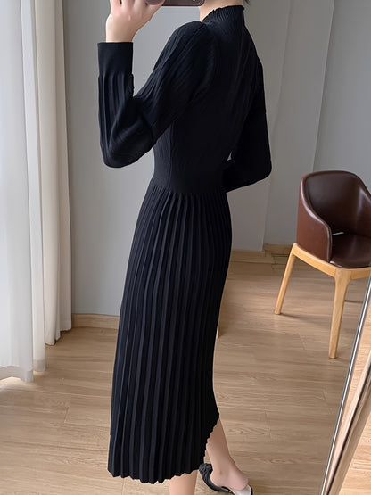 Antmvs Solid Pleated Midi Dress, Elegant Mock Neck Long Sleeve Dress, Women's Clothing