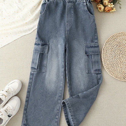 Antmvs Girls' Casual Baggy Fit Cargo Jeans Multi-pocket Versatile Wide Leg Denim Pants