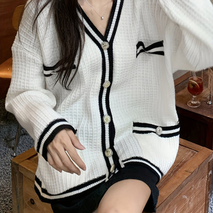 Antmvs V-neck Button Front Cardigan, Casual Long Sleeve Cardigan For Spring & Fall, Women's Clothing