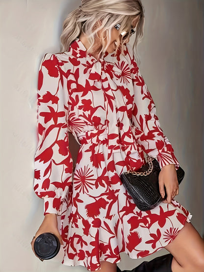 Antmvs Floral Print Tie Neck Dress, Elegant Long Sleeve Ruffle Hem Dress, Women's Clothing