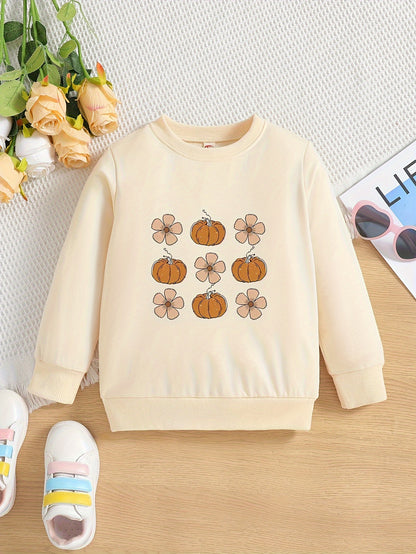 Vibrant Floral and Pumpkin Graphic Toddler Crew Neck Sweatshirt - Soft, Casual, and Comfy Holiday Party Top for Little Girls - Perfect Gift for Kids' Special Occasions