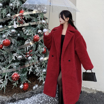 Antmvs Winter Lapel Teddy Overcoat, Long Length Solid Casual Coat, Women's Clothing