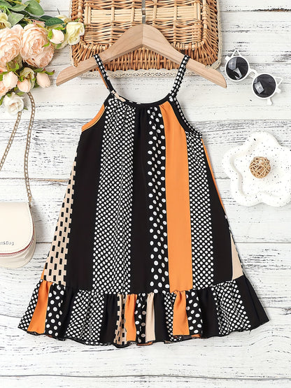 Chic Summer Ruffle Cami Dress for Girls - Easy Care, Color Block Stripes & Polka Dots, Polyester