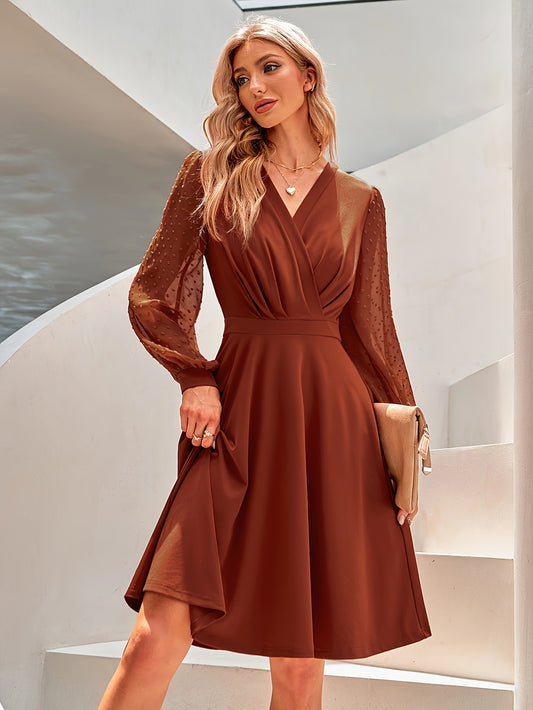 Antmvs Solid Surplice Neck Contrast Mesh Dress, Elegant Long Sleeve Dress For Spring & Summer, Women's Clothing