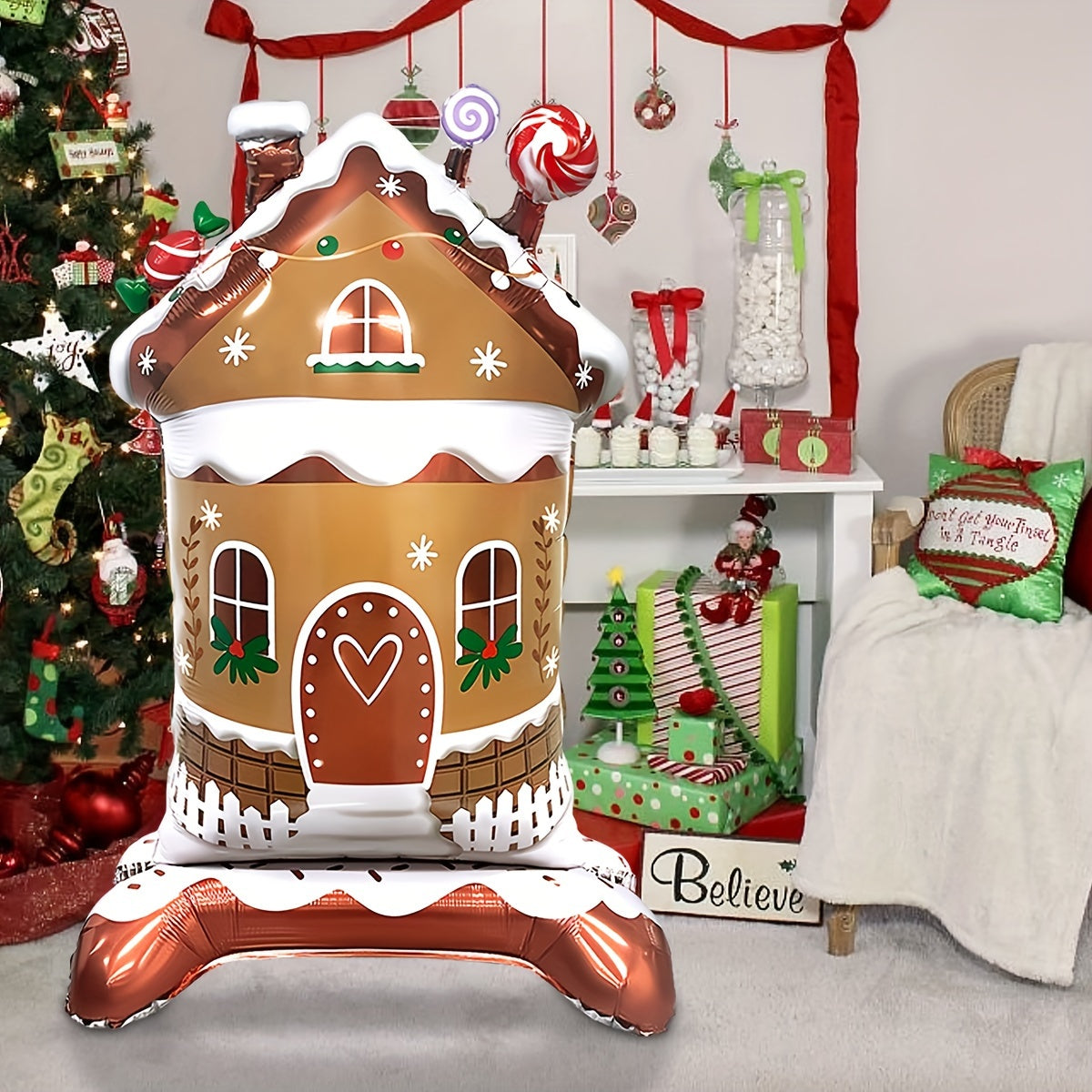 1 Piece Festive 3D Standing Christmas House Balloon Decoration - No Electricity Required, Durable Aluminum Material, Easy to Assemble, Perfect for Indoor and Outdoor Holiday Decor, Suitable for Ages 14 and Up, Adds a Touch of Magic to Your Christmas Celeb