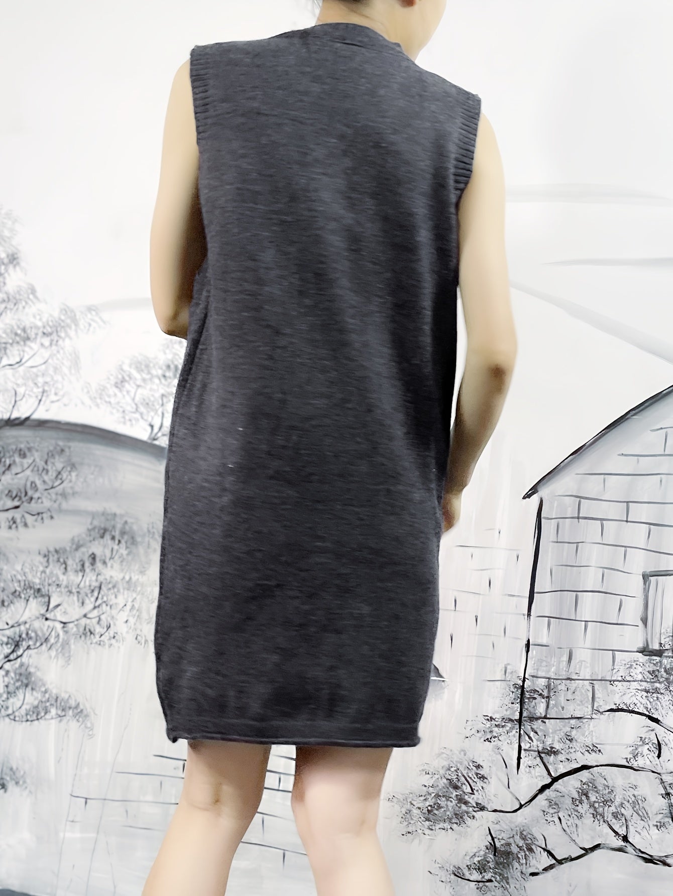 Antmvs Pocket Front Sleeveless Dress, Casual Solid V Neck Sweater Dress, Women's Clothing