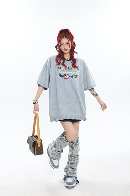 Antmvs Martina Colorful Letter Embroidery Washed Denim Blue Short Sleeve Baggy Long T-shirt Top