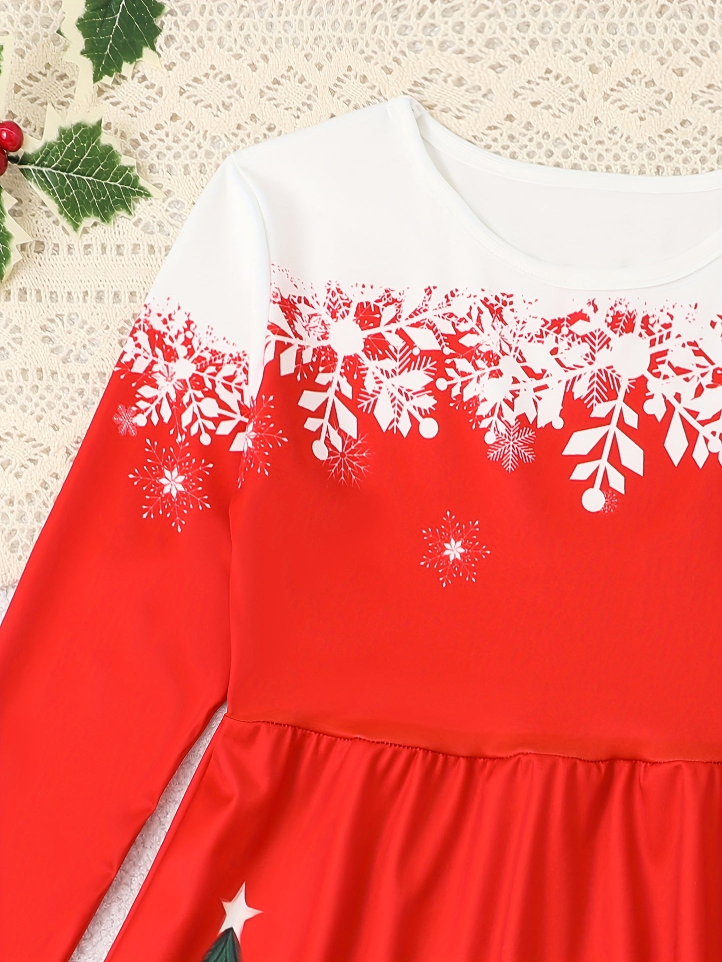 For Spring Fall Christmas Gift, Long Sleeve Girls Sweet Santa & Christmas Tree Graphic Dress