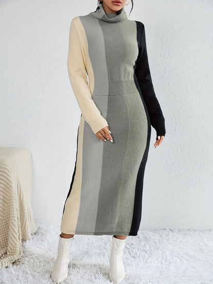 Antmvs Color Block Rib Knit Dress, Casual High Neck Long Sleeve Midi Dress, Women's Clothing