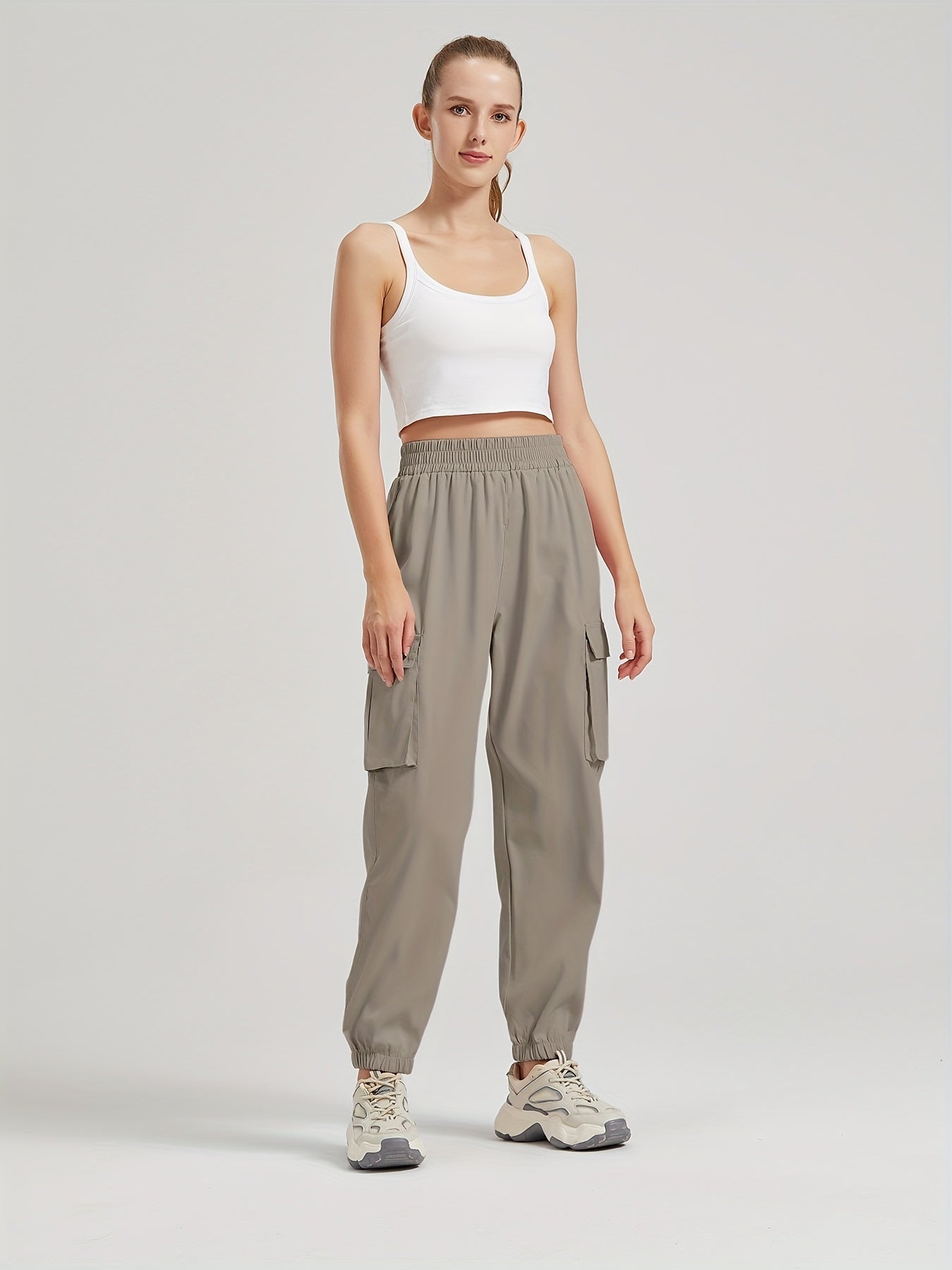 Antmvs Solid Color Casual Joggers Sweatpant, Cargo Loose High Waisted Pants With Pockets, Women's Athleisure