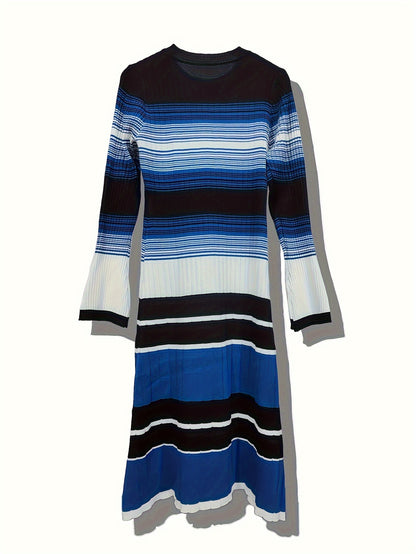 Antmvs Striped Print Long Sleeve Knit Dress, Elegant Crew Neck A-line Dress, Women's Clothing