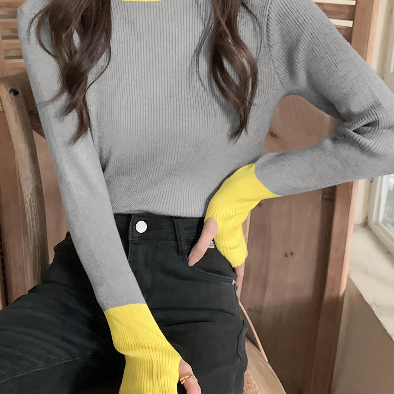 Antmvs Color Block Crew Neck Knitted Top, Casual Long Sleeve Slim Sweater, Women's Clothing