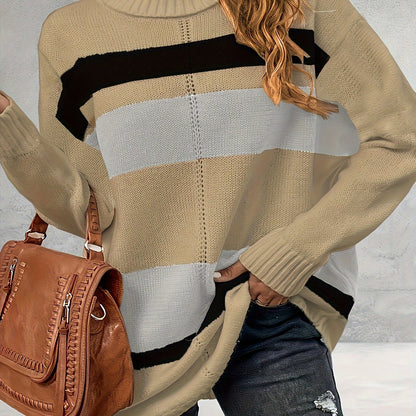 Antmvs Plus Size Casual Sweater, Women's Plus Colorblock Long Sleeve Turtle Neck Slight Stretch Sweater