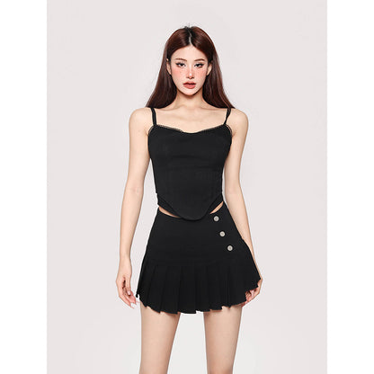 Antmvs Hilary Solid Color Spaghetti Strap Bustier Top + High Waist Pleated Mini Skirt Matching Set