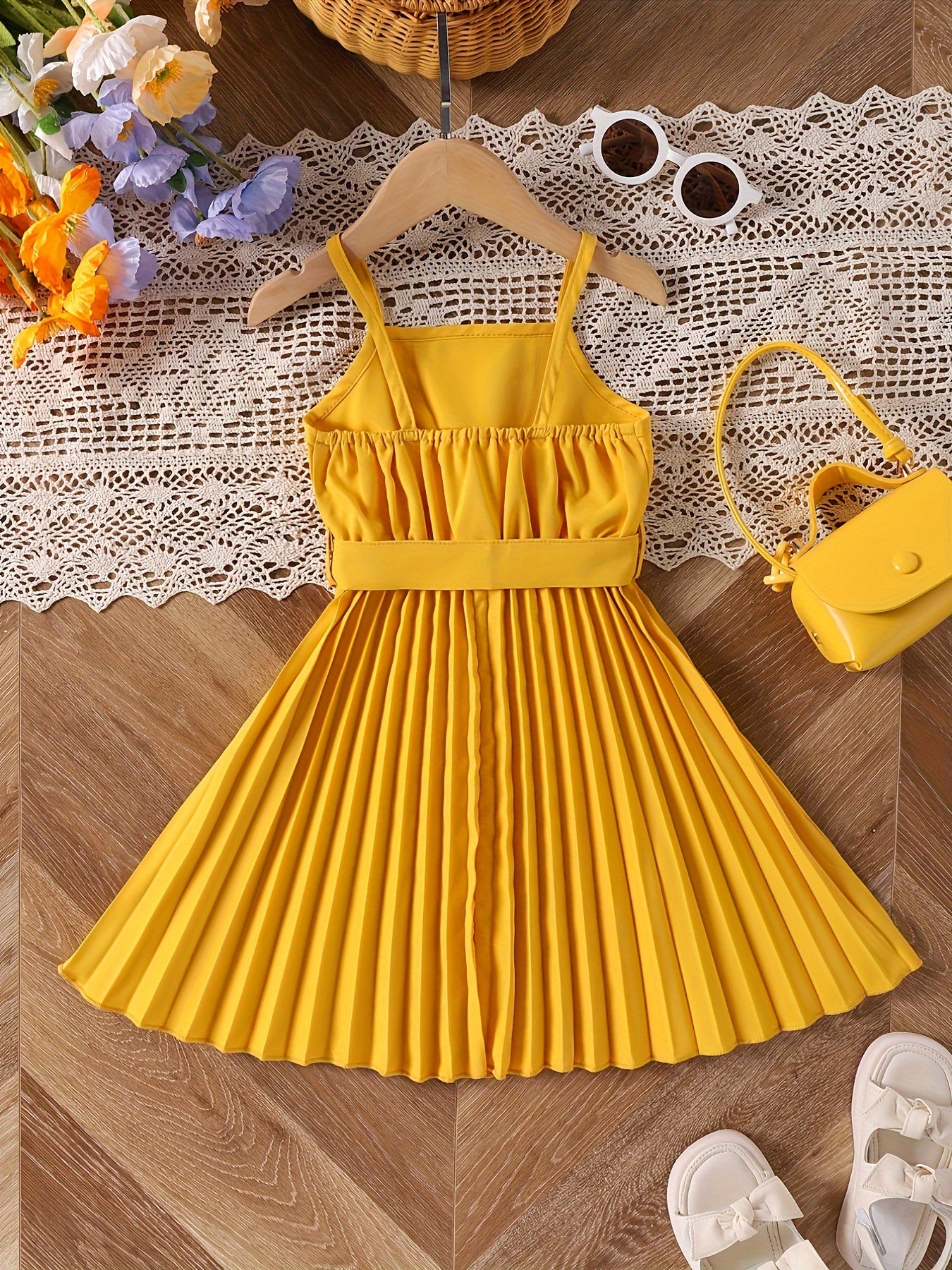 Girls' Elegant Smocked Dress - Charming Bow Belt Detail - Perfect for Summer Parties & Outdoor Events - Chic Sleeveless Cami Style