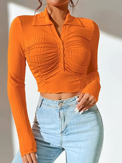 Antmvs Button Front Gathered Polo Collar Crop T-Shirt, Casual Long Sleeve Top For Spring & Fall, Women's Clothing