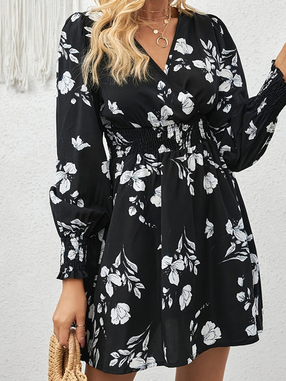 Antmvs Floral Print Surplice Neck Slim Dress, Elegant Long Sleeve Shirred High Waist Dress For Spring & Fall, Women's Clothing