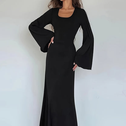 Antmvs Solid Flared Long Sleeve Dress, Casual Squared Neck Maxi Dress, Women's Clothing